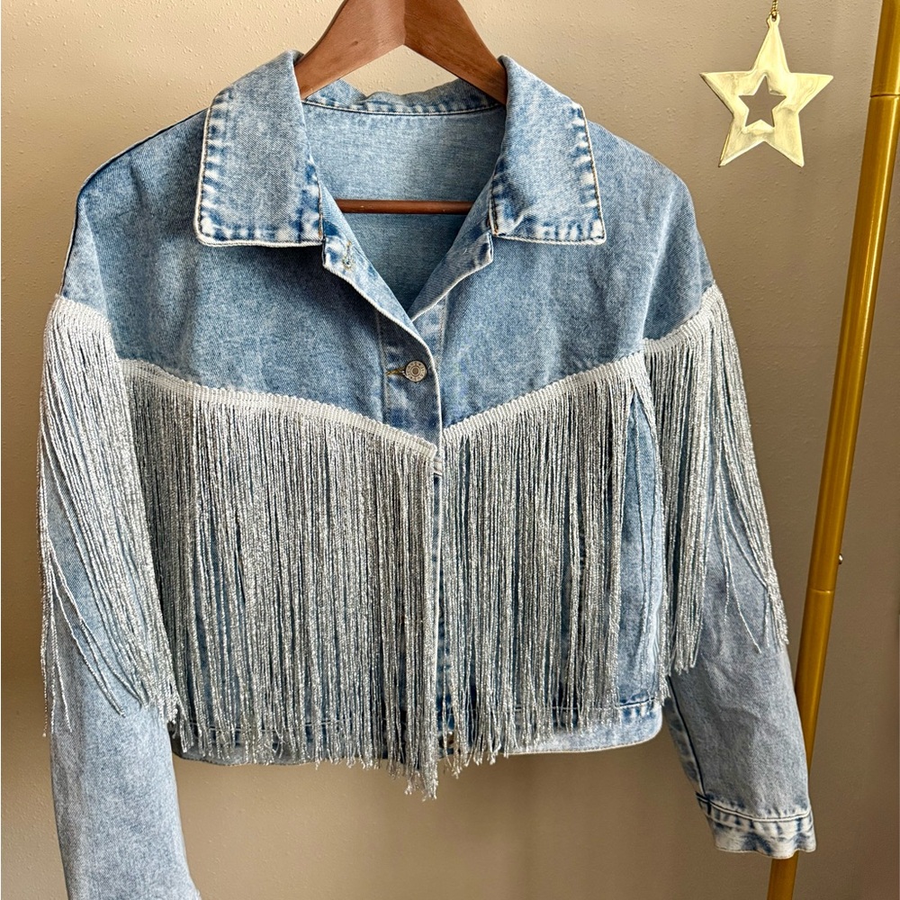Fringe Denim Jacket Western Cropped Light Wash Festival Rodeo Jacket M - Picture 7 of 13